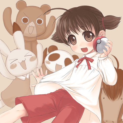 animal_yokochou brown_eyes brown_hair child holding holding_poke_ball long_sleeves lowres matsuzaki_ami parody poke_ball pokemon ribbon short_hair shorts solo takanashi