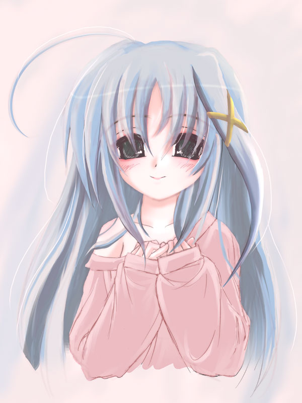 blue_hair collarbone frapowa grey_eyes hair_ornament hairclip long_hair long_sleeves looking_at_viewer lyrical_nanoha mahou_shoujo_lyrical_nanoha mahou_shoujo_lyrical_nanoha_a's off_shoulder pink_shirt reinforce_zwei shirt smile solo sweater upper_body x_hair_ornament