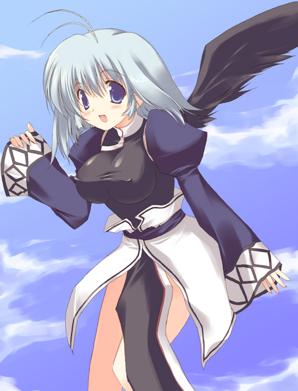 :d antenna_hair bangs blue_eyes blush breasts cloud covered_nipples day from_side kamyu kisaki_yuu large_breasts long_sleeves looking_at_viewer open_mouth outdoors sash short_hair silver_hair sky sleeves_past_wrists smile solo standing taut_clothes utawareru_mono wide_sleeves wings