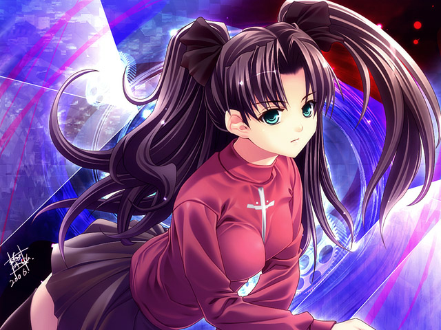 artist_request black_hair fate/stay_night fate_(series) long_sleeves solo toosaka_rin turtleneck two_side_up