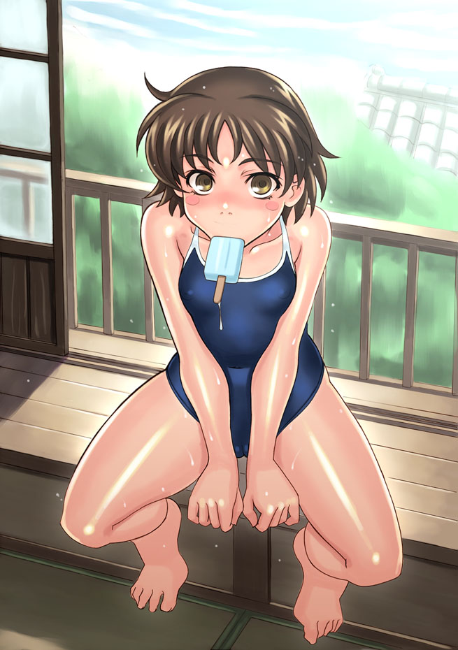 :&gt;= blush breasts brown_eyes brown_hair cameltoe covered_nipples food one-piece_swimsuit original popsicle school_swimsuit small_breasts solo swimsuit yasuomi