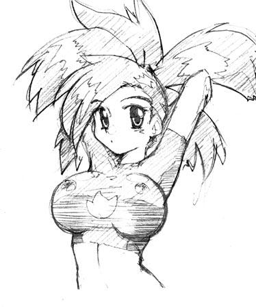 asuna_(pokemon) babydoll_t-shirt breasts crop_top geropper greyscale gym_leader large_breasts lowres monochrome pokemon pokemon_(game) pokemon_rse simple_background sketch solo white_background