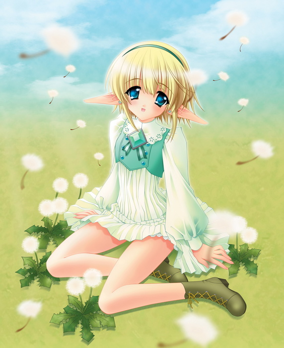 annette_vaslois blonde_hair boots carnelian dandelion elf flower long_sleeves moldavite pointy_ears short_hair solo