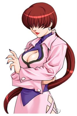 breasts brown_hair cleavage cleavage_cutout earrings hair_over_eyes jewelry large_breasts lipstick long_hair long_sleeves lowres makeup nail_polish nakano_tomokazu official_art ponytail purple_nails shermie snk solo the_king_of_fighters the_king_of_fighters_neowave