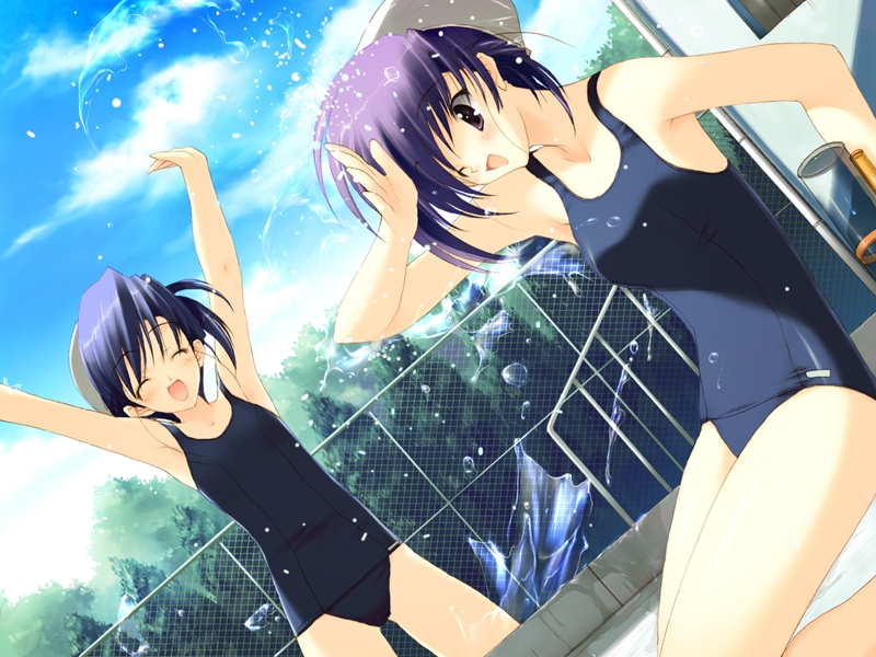 :d ;d \o/ ^_^ armpits arms_up bangs blue_hair blue_swimsuit blush breasts building chain-link_fence closed_eyes cloud cowboy_shot day dutch_angle eyebrows_visible_through_hair fence from_side game_cg hand_up happy himeyuri_ruri himeyuri_sango holding kneeling medium_breasts multiple_girls nakamura_takeshi name_tag old_school_swimsuit one-piece_swimsuit one_eye_closed open_mouth outdoors outstretched_arms pool pool_ladder poolside purple_eyes purple_hair school_swimsuit short_hair siblings sisters sky small_breasts smile splashing standing swim_cap swimsuit to_heart_2 tree twins wading water water_drop water_gun wet wince