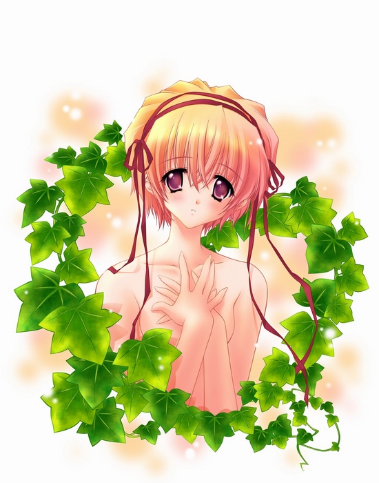 blonde_hair carnelian copyright_request leaf ribbon short_hair solo topless upper_body