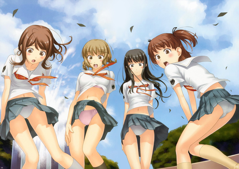 aihara_nana black_hair blonde_hair blush breasts brown_hair cleavage embarrassed futami_eriko hoshino_yuumi kibina_high_school_uniform kimi_kiss medium_breasts mizusawa_mao multiple_girls panties pantyshot pink_panties ribbon school_uniform serafuku shirt_lift skirt skirt_lift tanaka_shoutarou underwear upskirt white_panties wind wind_lift