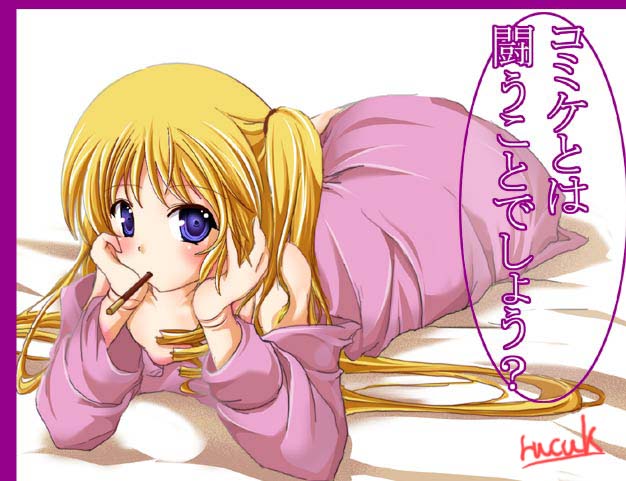 blonde_hair blue_eyes blush dress drill_hair food hands_on_own_face long_hair long_sleeves looking_at_viewer lying pocky purple_dress rozen_maiden ruku_(alicecreation) shinku solo source_request translation_request twintails