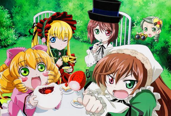 :d :o ;) artist_request baozi blonde_hair bonnet bow bowtie bush cake chair cup eating flower food fork fruit grass hat head_scarf hina_ichigo kanaria long_sleeves looking_at_viewer multiple_girls one_eye_closed open_mouth outdoors peeking pink_bow plant plate rose rozen_maiden saucer shinku siblings sisters slice_of_cake smile souseiseki spoon strawberry suiseiseki table teacup top_hat twins v-shaped_eyebrows