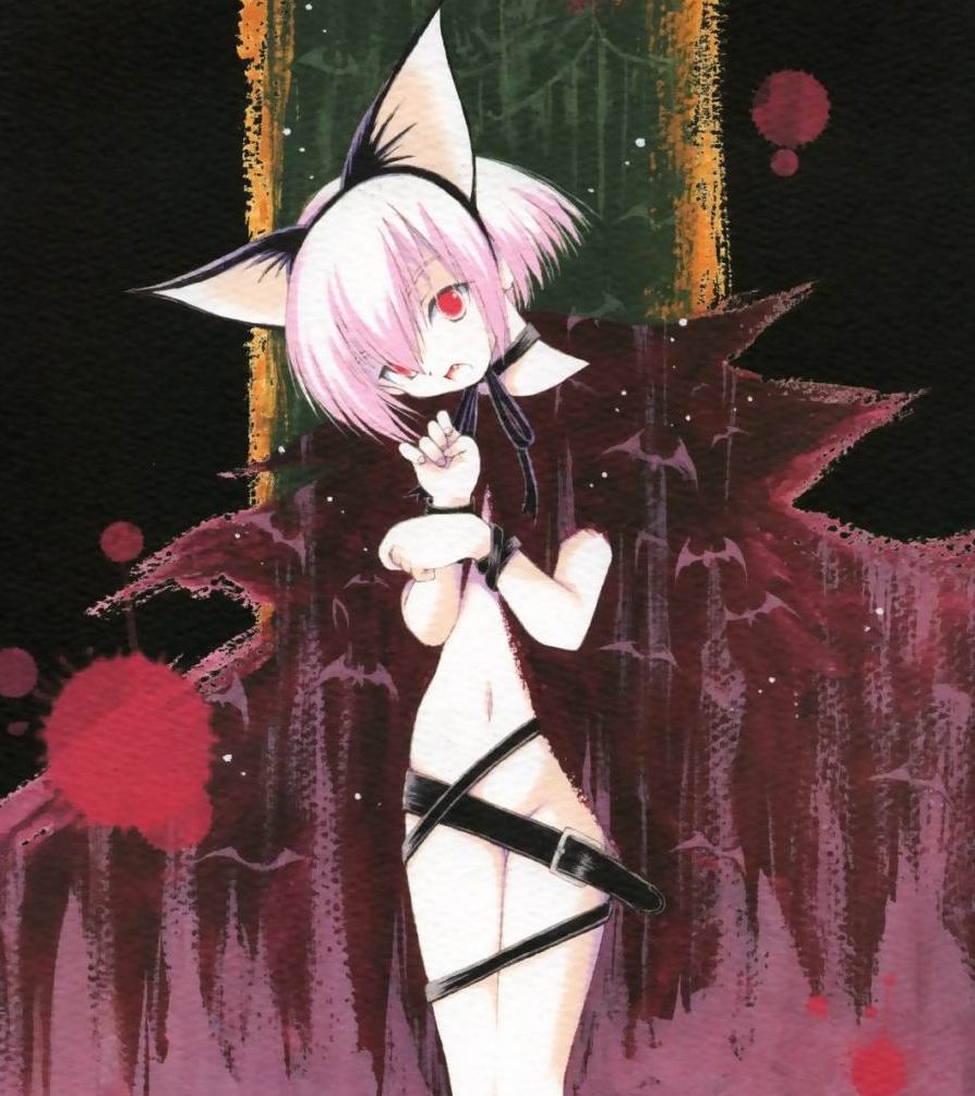 :o animal_ears arima_keitarou artemis bat belt cape cat_ears convenient_censoring cowboy_shot looking_at_viewer naked_cape paw_pose pink_hair red_eyes revealing_clothes short_hair solo standing tsukuyomi_moonphase vampire