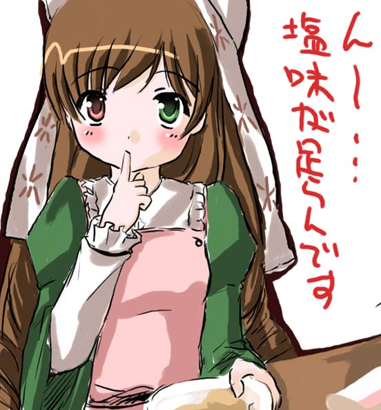 artist_request blush brown_hair dress finger_to_mouth green_dress green_eyes heterochromia long_hair long_sleeves red_eyes rozen_maiden simple_background solo suiseiseki very_long_hair white_background