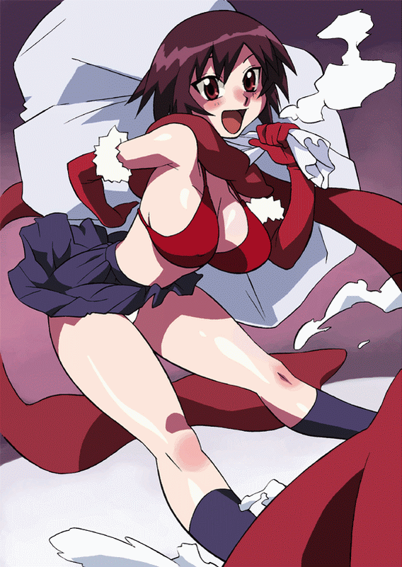 azumanga_daiou bikini_top black_hair black_legwear blush bra breasts christmas cirima cleavage elbow_gloves gloves huge_breasts kagura_(azumanga_daiou) kneehighs leaning_forward legs panties pantyshot pleated_skirt red_bra red_eyes red_gloves red_scarf sack santa_costume scarf short_hair sideboob skirt smile socks solo thighs underwear white_panties wind wind_lift