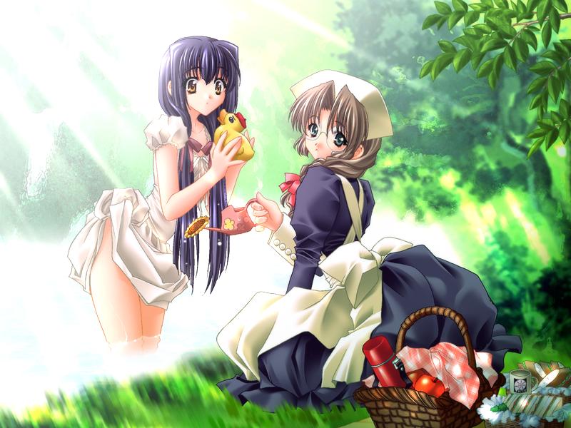 :o apple apron bangs basket black_dress blue_eyes braid brown_eyes brown_hair carnelian cup dress food from_side fruit game_cg glasses grass hair_over_shoulder hair_ribbon harukawa_tomomi holding jpeg_artifacts kao_no_nai_tsuki kuraki_mizuna leaning_forward light_rays long_hair long_sleeves looking_at_viewer looking_back low_twintails maid maid_headdress mug multiple_girls outdoors parted_bangs picnic_basket puffy_short_sleeves puffy_sleeves purple_hair ribbon rubber_duck sandwich short_sleeves single_braid sitting standing thermos tree twintails wading water watering_can wet white_dress