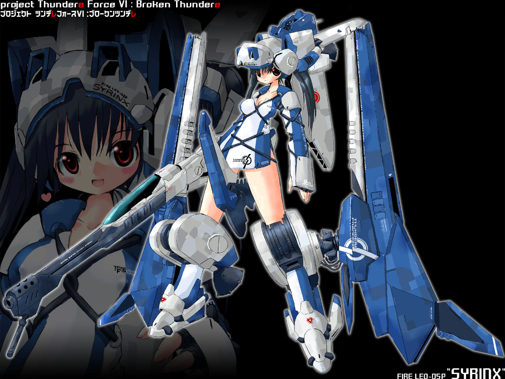 arm_cannon bare_legs blue_hair blush breasts dress fire_leo-05p_syrinx heart huge_weapon mecha_musume medium_breasts red_eyes short_dress solo thunder_force weapon yonezuka_ryou