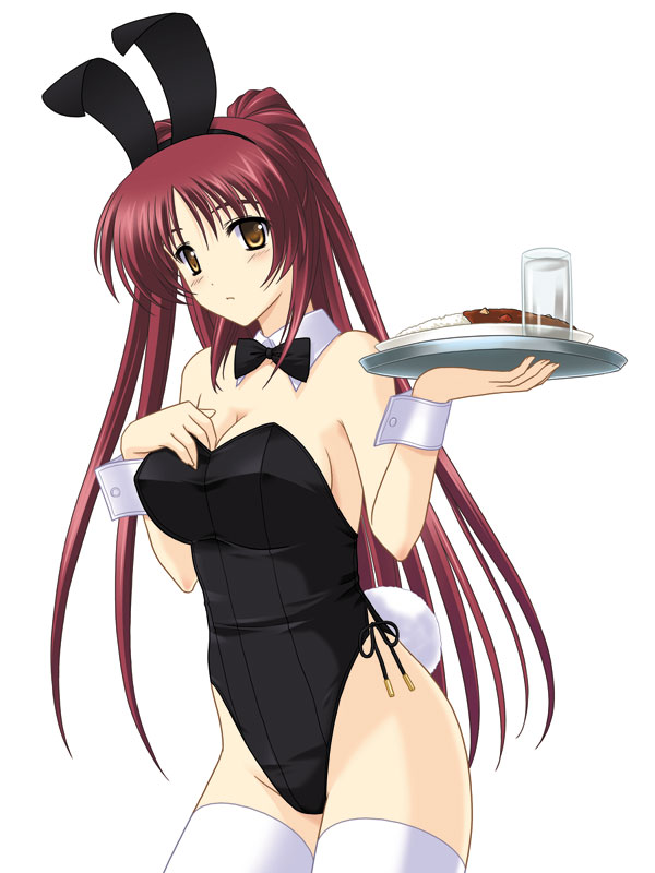 animal_ears bare_shoulders breasts brown_eyes bunny_ears bunnysuit choker cleavage curry food glass kousaka_tamaki long_hair masakichi_(crossroad) medium_breasts red_hair solo thighhighs to_heart_2 tray waitress wrist_cuffs