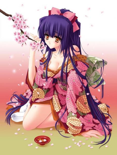 breasts brown_eyes carnelian cherry_blossoms japanese_clothes kao_no_nai_tsuki kimono kuraki_suzuna long_hair long_sleeves medium_breasts purple_hair solo