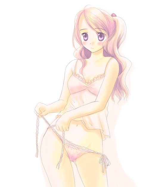 artist_request camisole copyright_request frilled_panties frills lingerie long_hair panties pink_hair pink_panties purple_eyes side-tie_panties solo underwear underwear_only