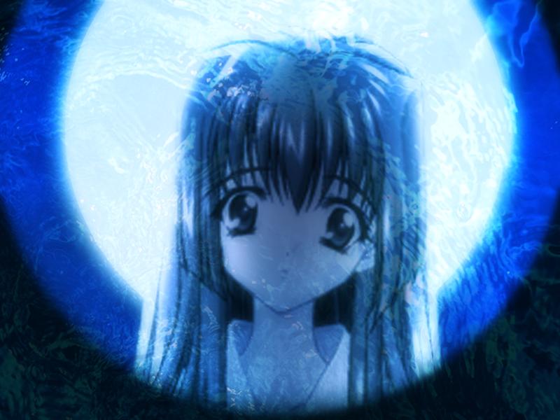 carnelian full_moon game_cg kao_no_nai_tsuki kuraki_suzuna long_hair moon reflection solo water well