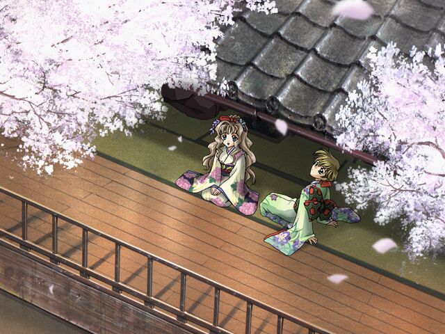 androgynous arm_support blonde_hair blue_eyes carnelian cherry_blossoms fence floral_print from_above game_cg green_eyes grey_hair hair_ornament ichijou_sayoko japanese_clothes kimono long_hair looking_up multiple_girls obi on_floor ono_ikumi outdoors petals re_leaf reclining rooftop sash seiza short_hair sitting very_long_hair wavy_hair wooden_floor