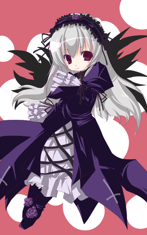 artist_request black_dress black_wings blush dress frilled_sleeves frills hairband lolita_hairband long_sleeves looking_at_viewer pink_eyes rozen_maiden silver_hair smile solo suigintou wings