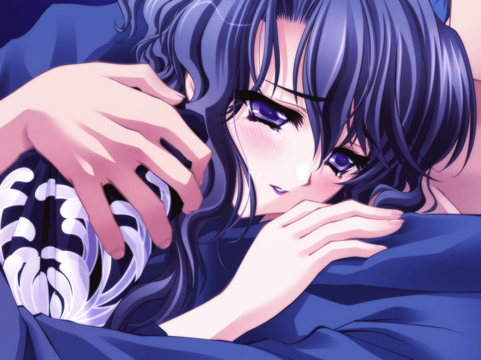 blue_hair carnelian close-up ena_(quilt) expressionless face game_cg hug lipstick long_hair makeup parted_lips purple_eyes quilt_(game) solo_focus upper_body
