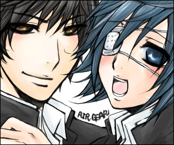 air_gear artist_request black_hair blue_eyes blue_hair blush border brown_eyes eyepatch male_focus minami_itsuki multiple_boys oekaki open_mouth smile wanijima_akito