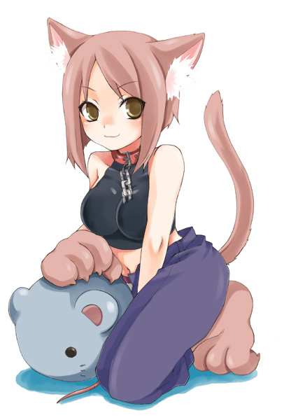 animal_ears brown_eyes brown_hair cat_ears cat_tail collar kubyou_azami leash midriff mouse original smile solo tail