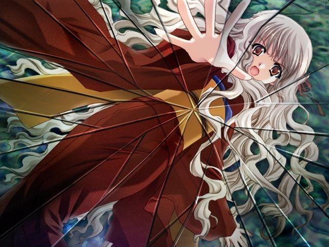 :o carnelian dutch_angle game_cg japanese_clothes kimono long_hair long_sleeves looking_at_viewer night_demon obi open_mouth osagiri_futaai outstretched_arm outstretched_hand sash shatter shattered solo standing white_hair