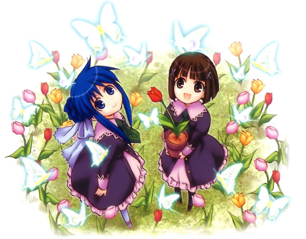 artist_request black_legwear blue_hair bow brown_hair bug butterfly dress flower flower_pot hair_bow hair_bun hair_tie insect long_sleeves looking_at_viewer looking_up multiple_girls open_mouth outdoors purple_dress standing strawberry_panic! suzumi_tamao tsukidate_chiyo tulip