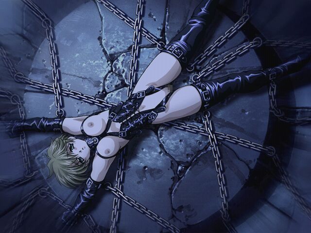 armpits arms_up bdsm black_legwear blonde_hair bondage boots bound breastless_clothes breasts carnelian censored chain collar corset crotchless dark dungeon dutch_angle elbow_gloves from_above game_cg gloves green_eyes jpeg_artifacts large_breasts leather lingerie lying mosaic_censoring nipples on_back ono_ikumi open_mouth panties pussy re_leaf short_hair solo strap thigh_boots thighhighs underwear