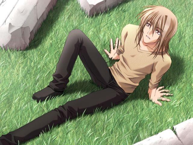arm_support brown_hair carnelian day from_above game_cg grass leg_up long_sleeves looking_up male_focus night_demon osagiri_shuka outdoors pants sitting solo