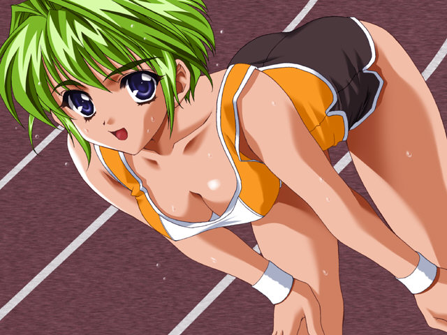 bent_over blue_eyes breasts carnelian cleavage game_cg green_hair medium_breasts open_mouth short_hair shorts solo sweat track white_angel