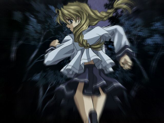 :o ahoge alternate_hairstyle ankle_socks back bangs blonde_hair blurry braid carnelian clenched_hands cowboy_shot dark floating_hair forest from_behind game_cg hair_between_eyes hair_tie leg_lift long_hair long_sleeves looking_at_viewer looking_back miniskirt motion_blur nature night night_sky ono_ikumi open_mouth outdoors pleated_skirt re_leaf running scared school_uniform serafuku shirt shoes skirt sky socks solo tree twin_braids twintails white_legwear