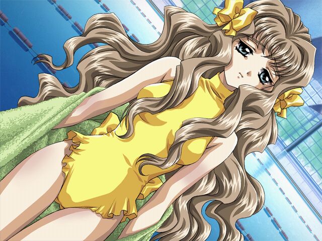 blue_eyes bow brown_hair carnelian casual_one-piece_swimsuit dutch_angle frilled_swimsuit frills frown game_cg hair_bow hair_intakes ichijou_sayoko lane_line long_hair one-piece_swimsuit pool poolside re_leaf solo standing swimsuit thigh_gap towel very_long_hair water wavy_hair window