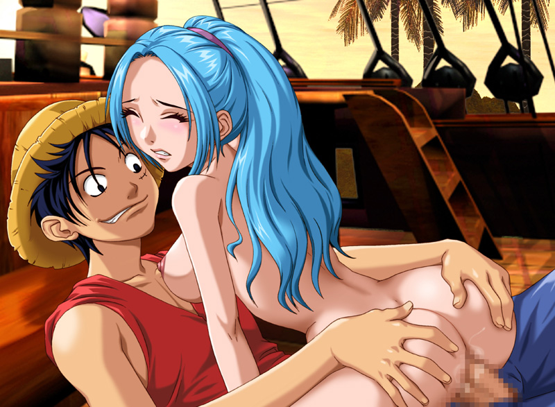 1girl artist_request ass blue_hair breasts censored closed_eyes clothed_male_nude_female hetero large_breasts monkey_d_luffy mosaic_censoring nefertari_vivi nude one_piece open_fly penis sex vaginal