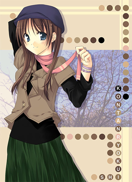 artist_request bare_tree beret blue_eyes brown_hair buttons green_skirt hat jacket long_sleeves looking_at_viewer original pink_scarf plant scarf sidelocks skirt smile solo standing tree wristband