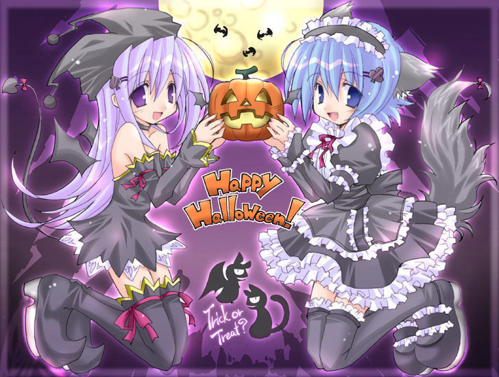 gothic halloween happy_halloween hijiri_rue jack-o'-lantern long_sleeves multiple_girls original pumpkin purple_background thighhighs trick_or_treat