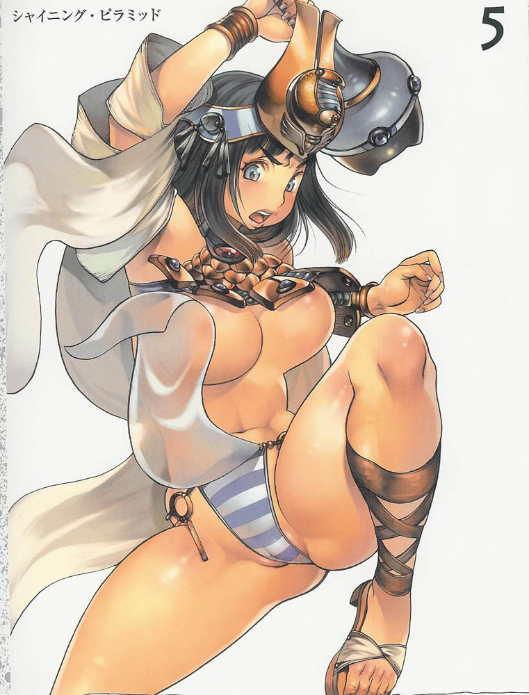 black_hair blue_eyes blue_panties breasts cameltoe f.s. high_heels large_breasts menace panties queen's_blade revealing_clothes sandals setra shoes short_hair solo striped striped_panties underboob underwear
