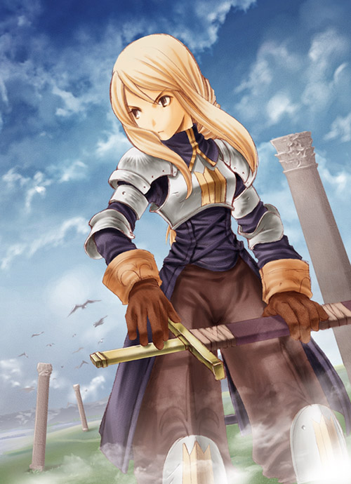 agrias_oaks ai-wa armor blonde_hair blue_eyes cloud day final_fantasy final_fantasy_tactics sky solo sword weapon
