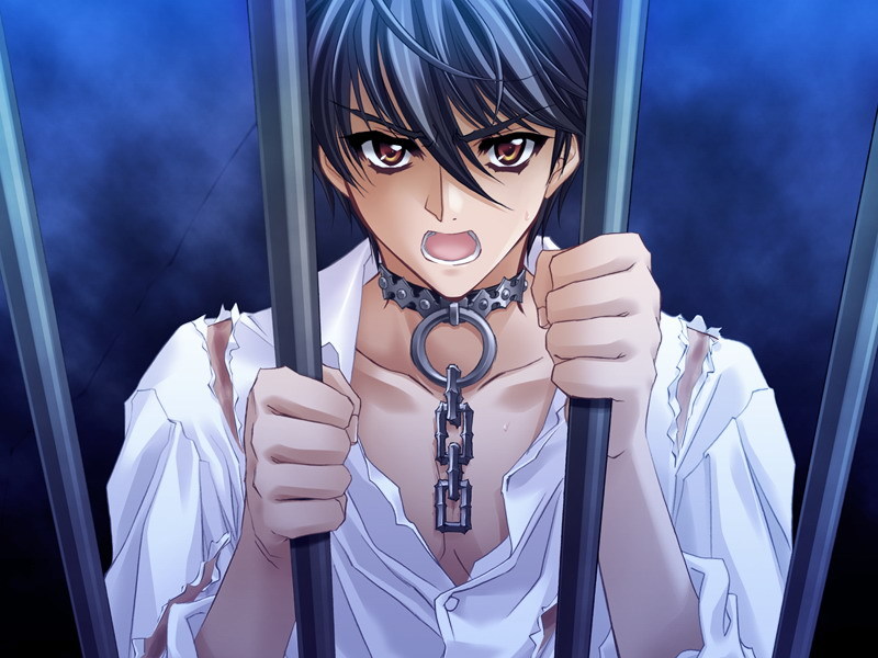 angry black_hair blue_background brown_eyes carnelian chain collar dress_shirt game_cg holding_bars in_cell male_focus messiah_(game) prison sasamori_ryouta shirt shouting solo torn_clothes