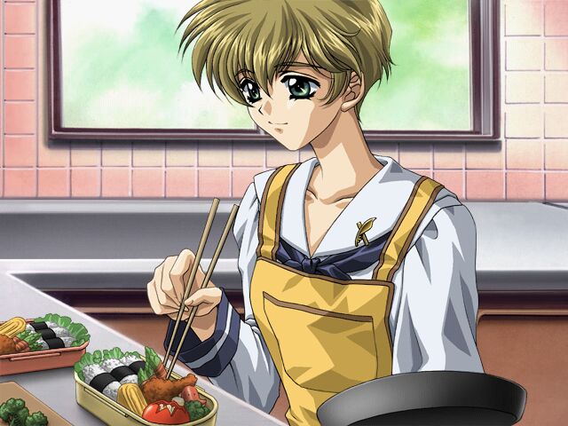 androgynous apron blonde_hair carnelian chopsticks cooking food game_cg green_eyes kitchen long_sleeves obentou onigiri ono_ikumi re_leaf school_uniform serafuku short_hair smile solo window