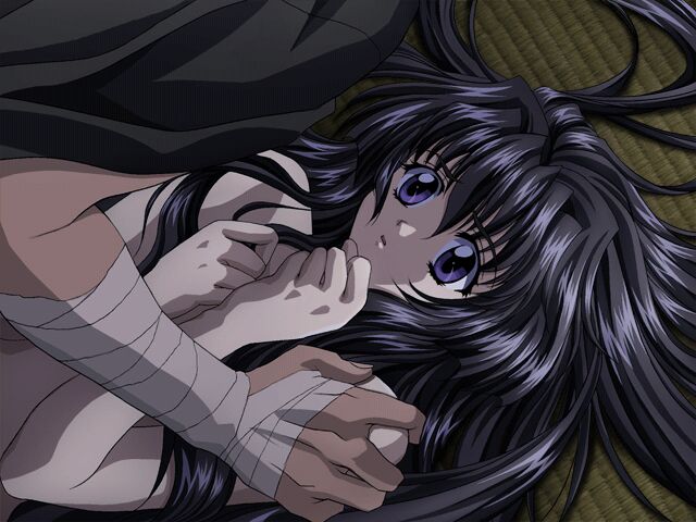 1girl bandages bangs black_hair carnelian clenched_hands dark dutch_angle game_cg hair_spread_out hand_on_another's_shoulder head_out_of_frame imminent_rape indoors long_hair lying nervous nude on_back on_floor open_mouth purple_eyes re_leaf sakura_(re_leaf) tan tatami upper_body very_long_hair
