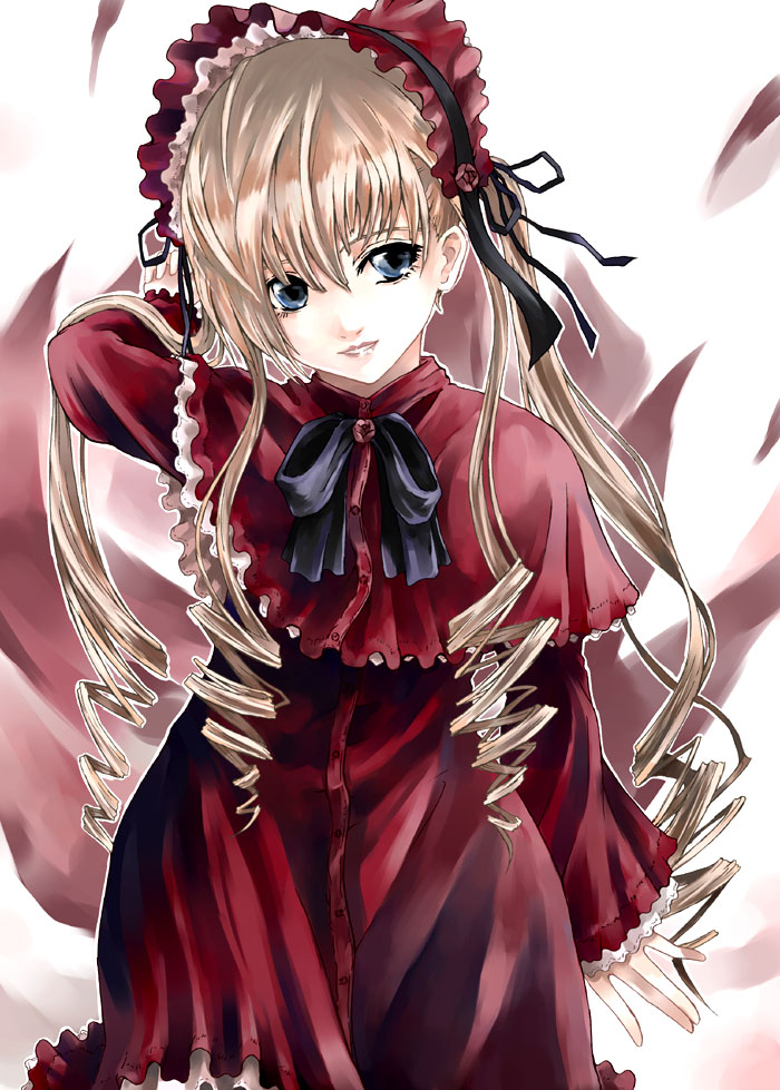 :d arm_up blonde_hair bonnet capelet cowboy_shot dress drill_hair hair_between_eyes kurokoeda long_hair long_sleeves looking_to_the_side open_mouth parted_lips red_capelet red_dress ribbon rozen_maiden shinku sidelocks smile solo twin_drills twintails