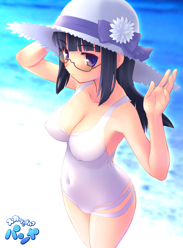 aoi_kumiko arin black_hair blue_eyes breasts casual_one-piece_swimsuit cleavage covered_nipples glasses hand_on_headwear hat large_breasts navel one-piece_swimsuit pangya solo straw_hat sun_hat swimsuit water waving