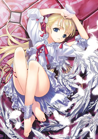 barefoot blonde_hair blue_eyes copyright_request dress feathers feet hair_ornament hairclip long_hair matsuryuu solo toes