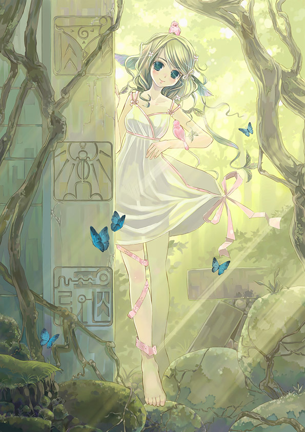 animal animal_on_arm animal_on_head barefoot bird bird_on_arm bird_on_head blonde_hair bug butterfly dress flower forest hair_flower hair_ornament insect kuga_tsukasa leg_ribbon looking_at_viewer nature on_head original outdoors overgrown ribbon rock ruins see-through solo standing sunlight white_dress