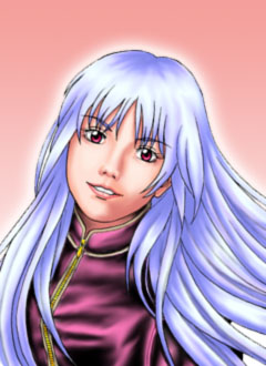 :d artist_request face kula_diamond lips long_hair lowres open_mouth parted_lips pink_background red_eyes silver_hair simple_background smile snk solo teeth the_king_of_fighters turtleneck zipper
