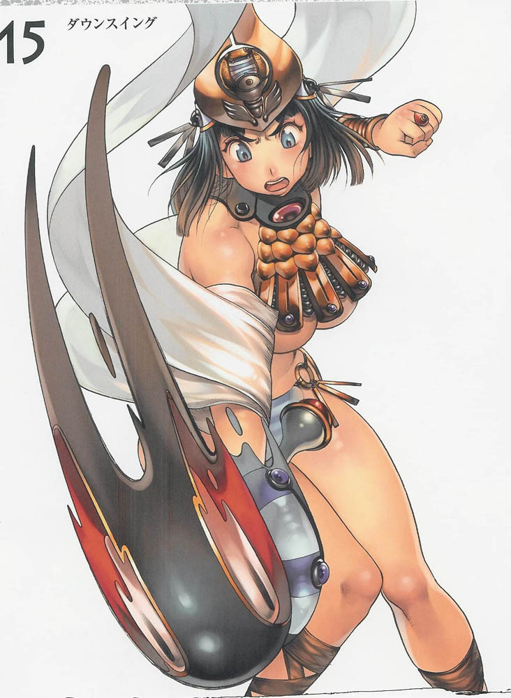 black_hair blue_eyes blue_panties breasts f.s. large_breasts menace panties queen's_blade revealing_clothes setra short_hair solo striped striped_panties underwear