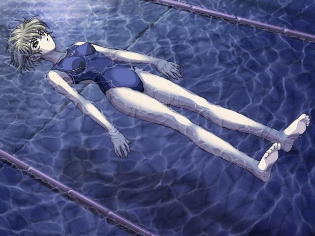afloat barefoot carnelian competition_swimsuit dutch_angle feet from_above game_cg grey_hair lane_line legs lying moonlight night on_back one-piece_swimsuit ono_ikumi open_mouth partially_submerged pool re_leaf refraction shadow short_hair soles solo swimsuit toes water wet