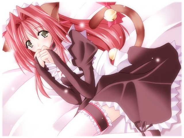 animal_ears artist_request bell blush cat_ears cat_tail copyright_request dress dutch_angle game_cg jingle_bell jpeg_artifacts long_sleeves maid red_hair sitting solo tail thighhighs white_legwear zettai_ryouiki